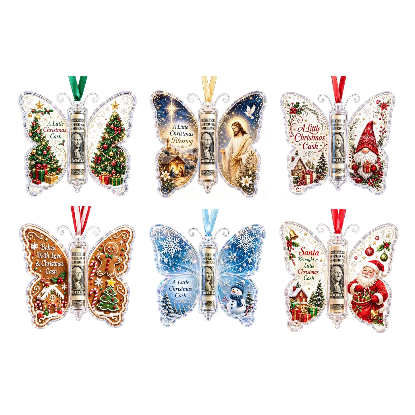 6Pcs Christmas Cash Gift Butterfly Ornament Holiday Money Holder Keepsake