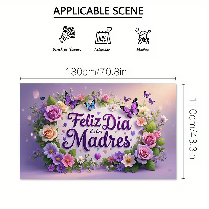 Spanish Mother's Day Banner with Colorful Roses & Glittering Butterflies - 180*110cm
