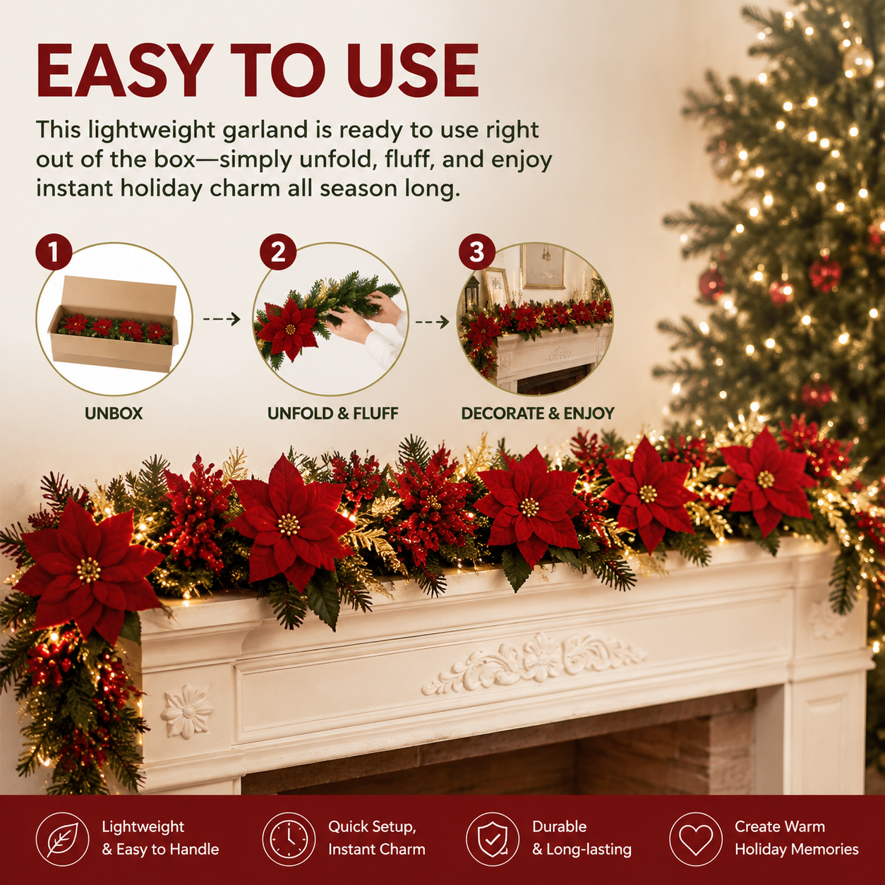 Christmas Garland with Red Berries for Home Decor, Christmas Trees, and Staircases With LED String Lights