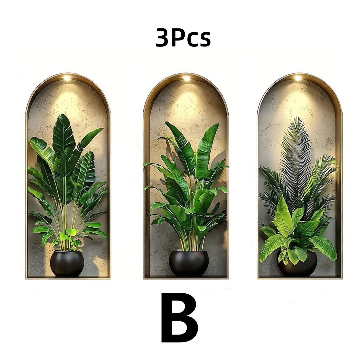 3Pcs Elegant Tropical Plant Niche Wall Stickers, Arch Display Window Theme Exotic Leaf Floral Fake Window Scene