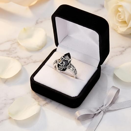 Black Onyx Energy Ring - Floral Vine Teardrop Design