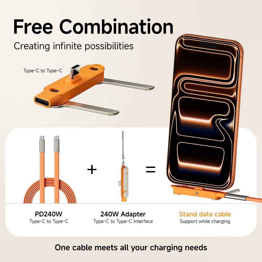 240w Stand Data Cable Invisible Foldable Holder Charger Cable with Stand,5 FT USB C to USB C Fast Charging Cable