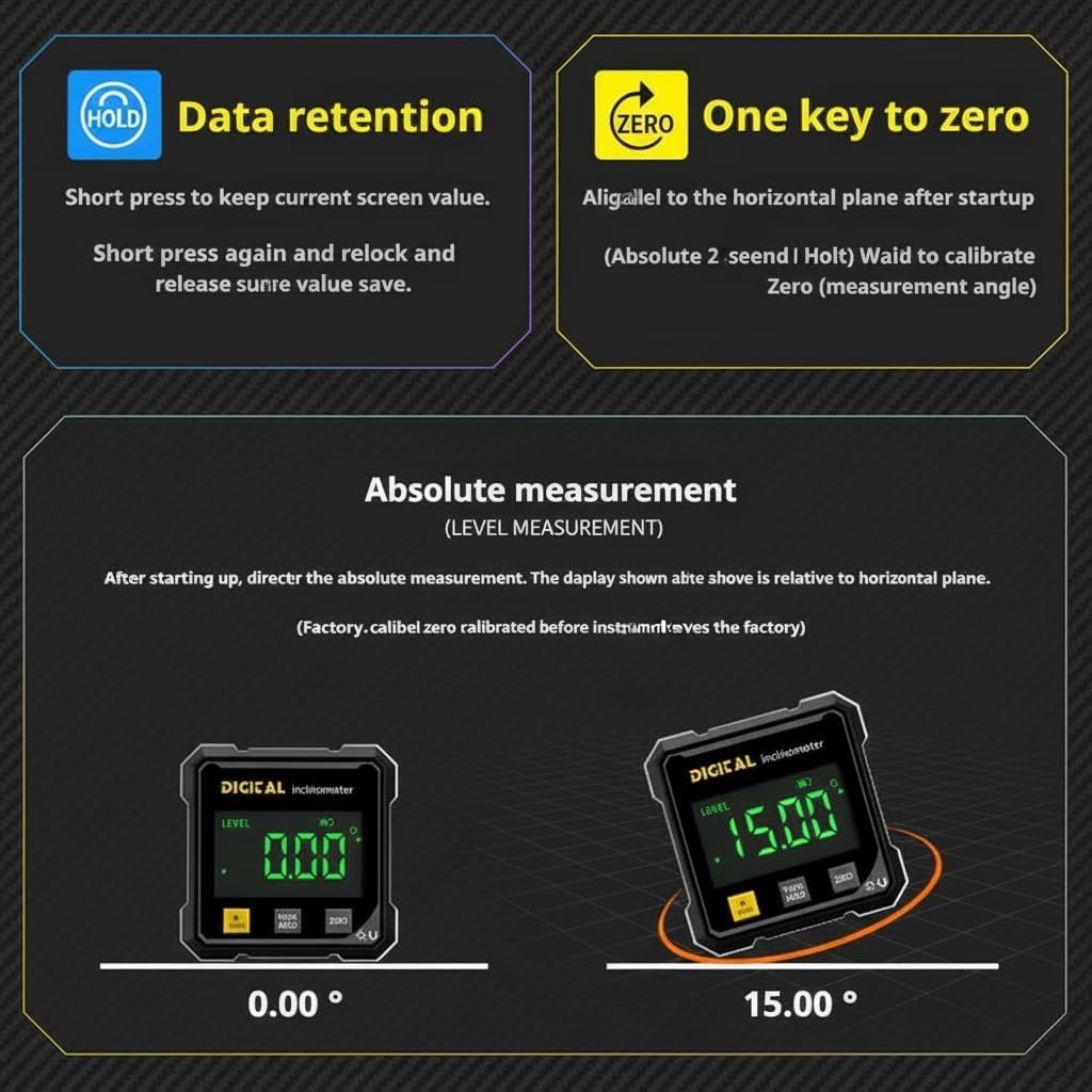 Digital Angle Finder,4 Sided Magnetic Digital Angle Gauge, USB Rechargeable & Large LED Display