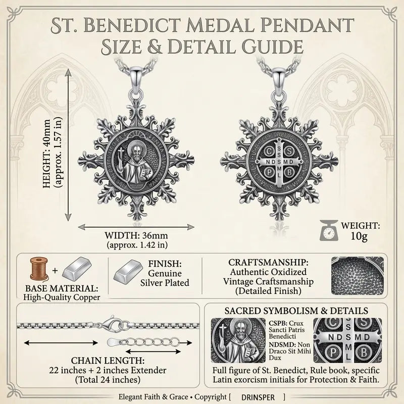 Unisex Silver-Plated Copper Coating St. Benedict Medal Necklace Vintage Snowflake Design
