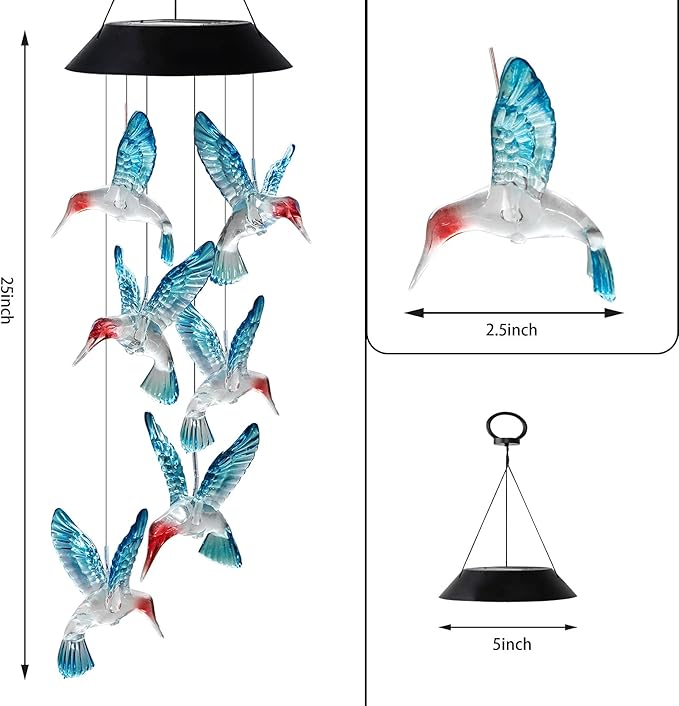 Hummingbird Solar Wind Chimes Color Changing Solared Lights Outdoor Waterproof LED Wind Chimes