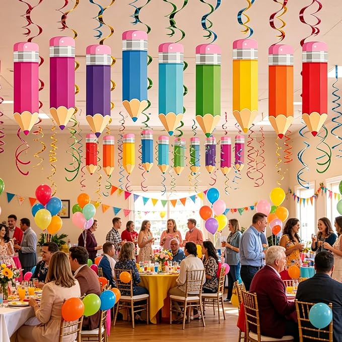 48Pcs Back to School Pencil Hanging Swirl Decorations,Welcome Back to School Foil Ceiling Swirls