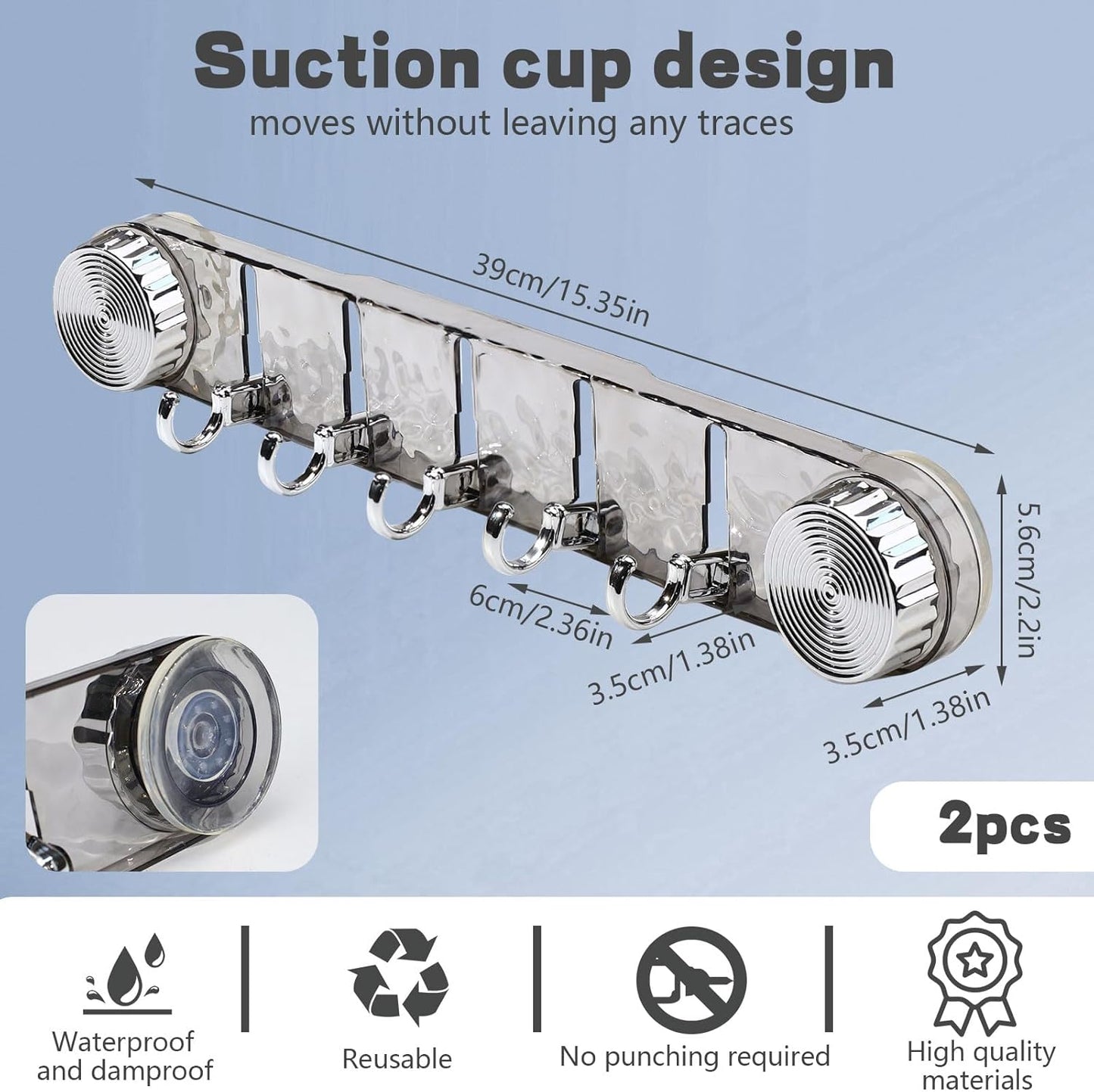 2 Pcs Strong Suction Cup Hooks, 5 Folding No Drill Removable