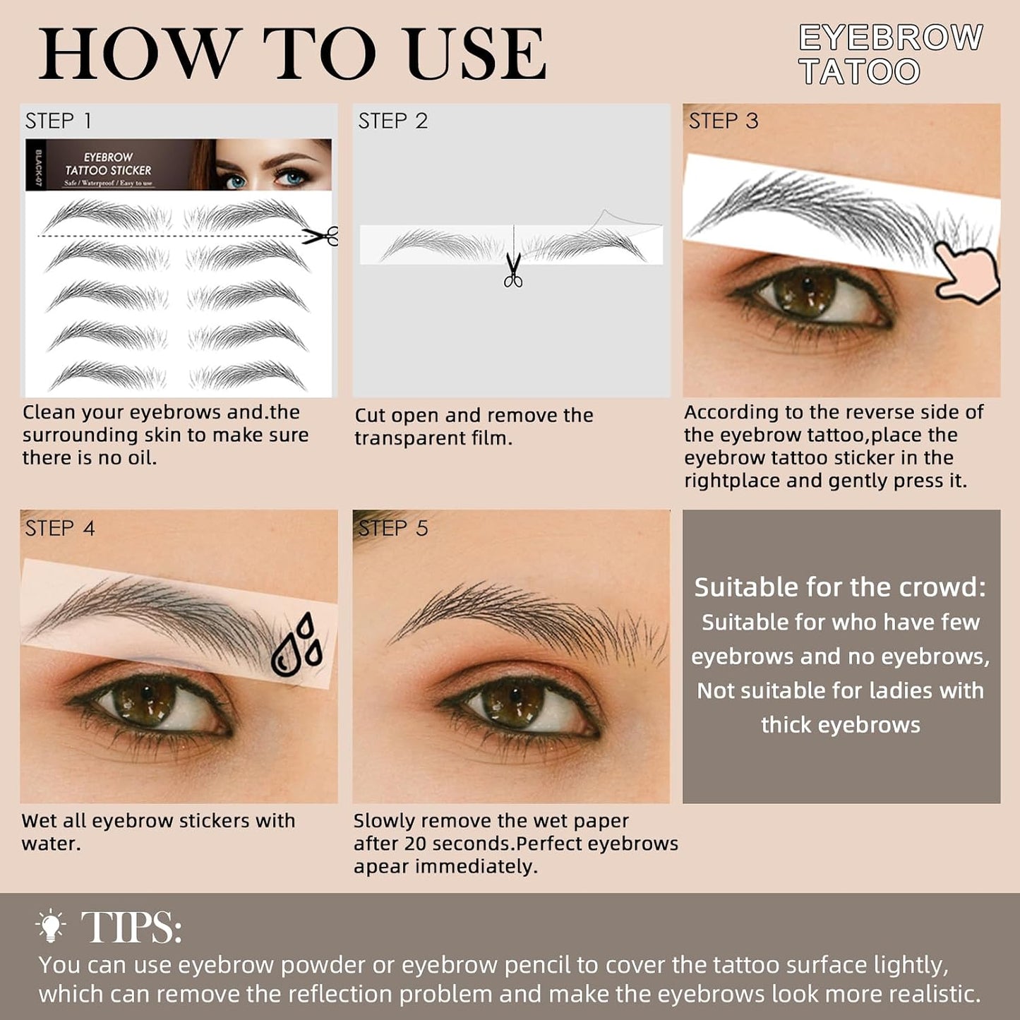 6 Sheets Realistic Waterproof Eyebrow Tattoo Stickers 42Pairs