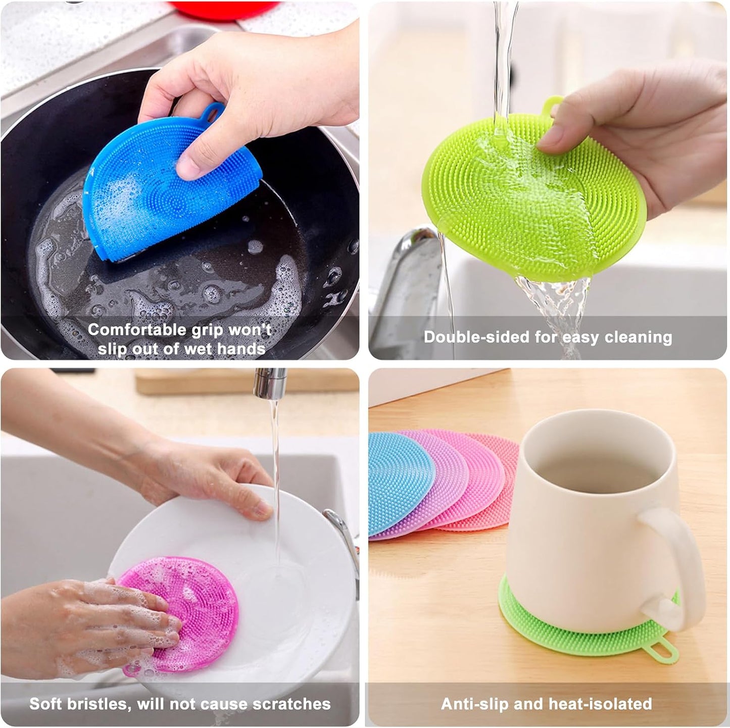 4 Pack Silicone Dish Scrubber Food Grade BPA Free Reusable
