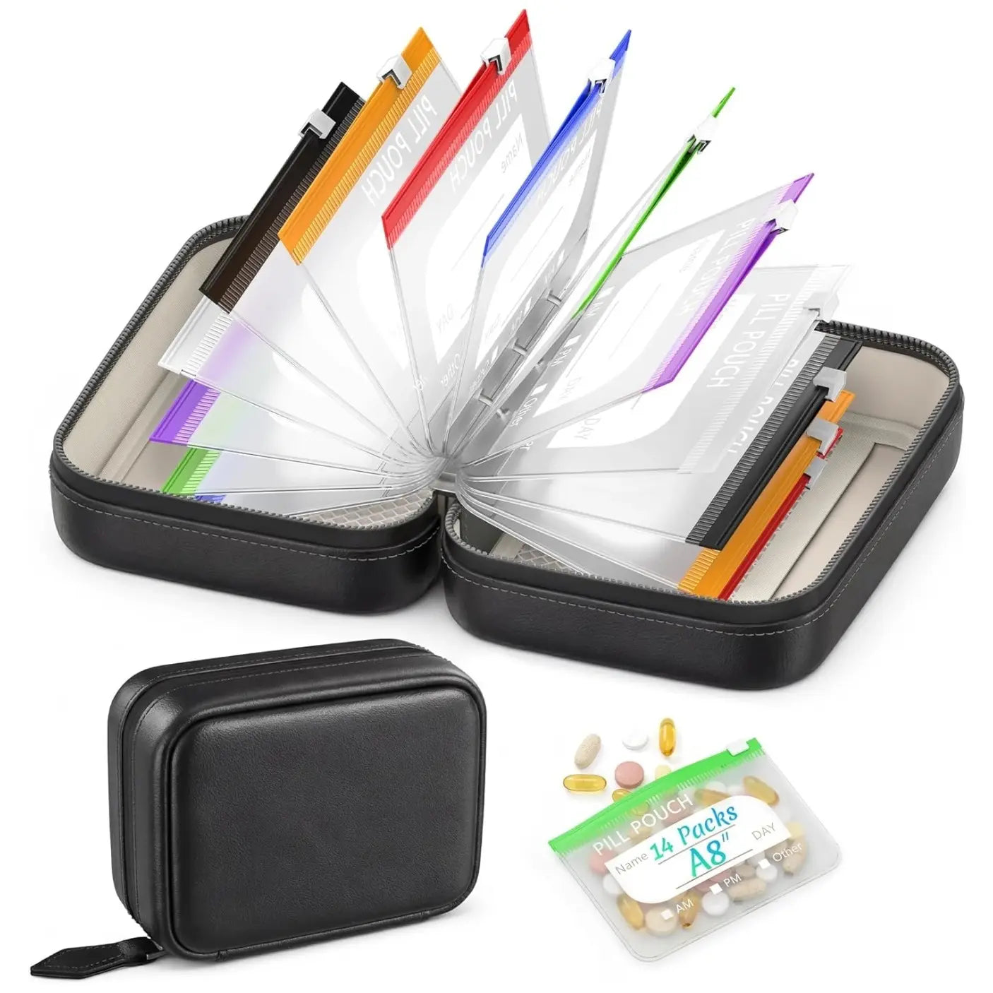 A8 Waterproof Pill Pouch Set with 14 Color-Coded Medicine Pouches