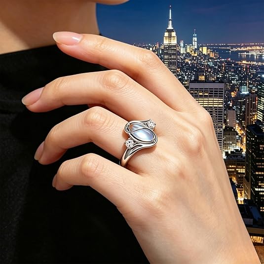 Women's Geometric Ring with Moonstone and Zircon