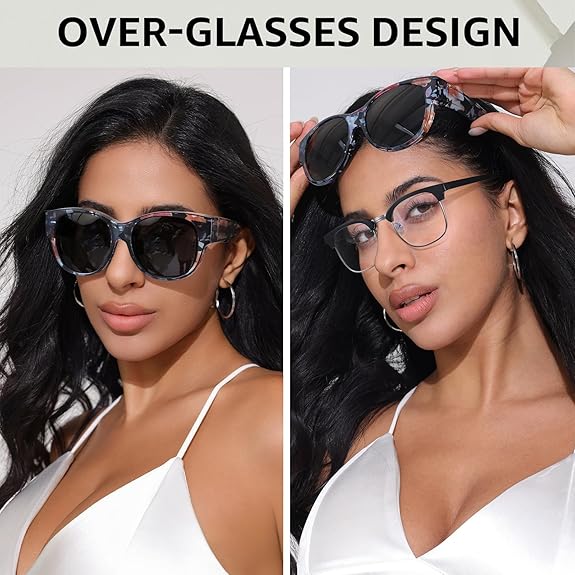 2PCS Women's Fit-Over Prescription Sunglasses - Oversized Square Full-Rim Polarized Frames