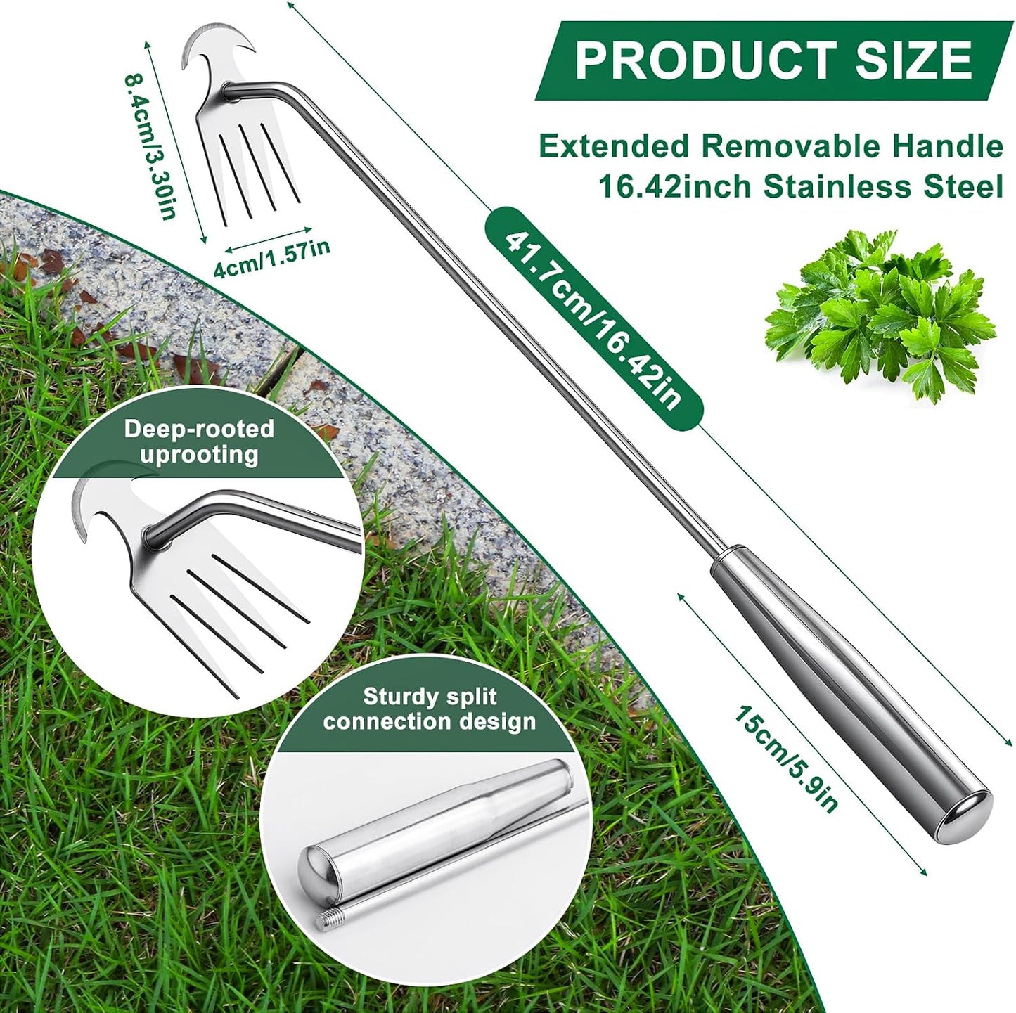 Stainless Steel Handle Manual Weeder Tool, 4-Tooth Weeder Tool for Gardening 16inch