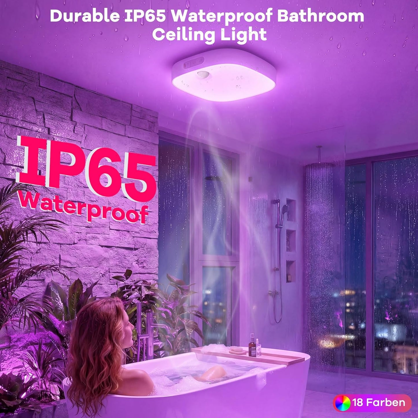 IP65 Waterproof Rechargeable Shower Light - 6″ 300LM Bright, 16 Colors