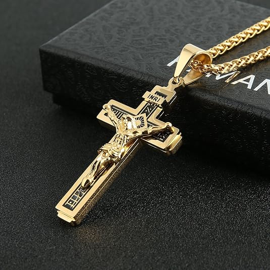 Jesus Christ on INRI Crucifix Cross Pendant Necklace | Large Jesus Pendant 24 Inch Stainless Steel Chain
