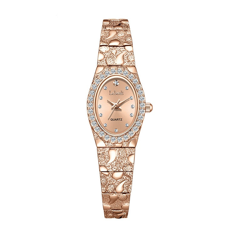 Elegant Women's Quartz Watch, Oval Rhinestone Inlay Dress Watches with Textured Alloy Band