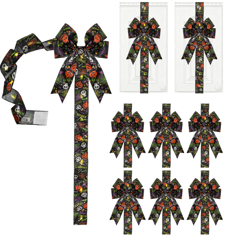 LED Spooky Halloween Cabinet Door Fringe Wreath with Lime Red Large Bow, 79x2.4 Inches