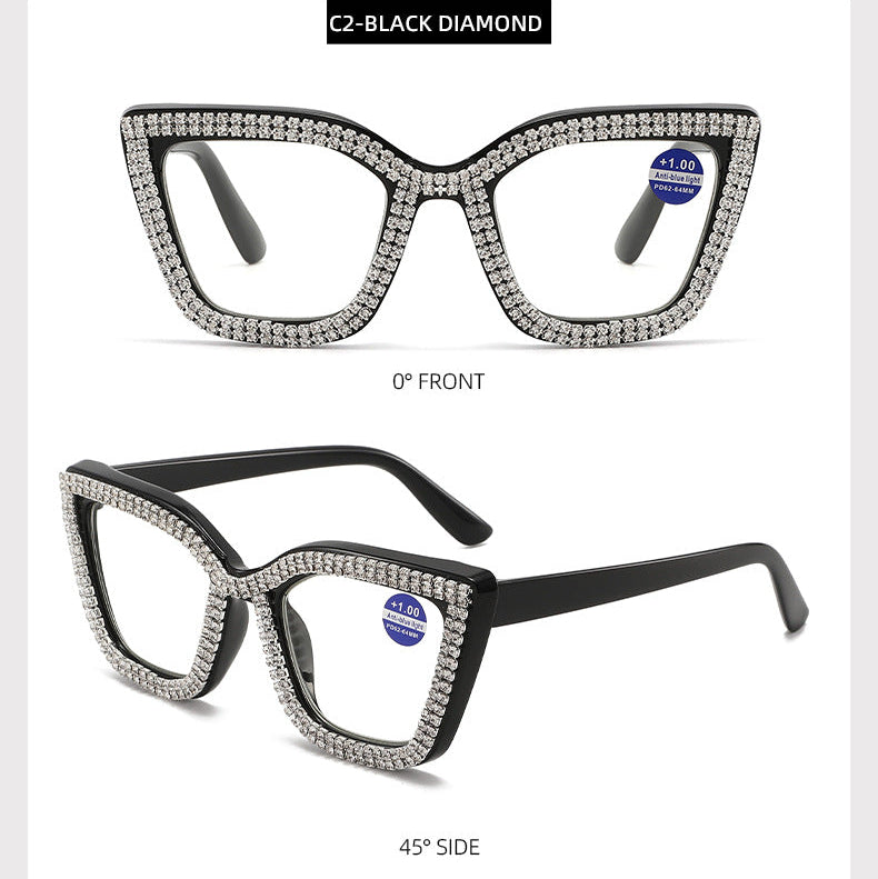 Rhinestone bling Diamond Reading Glasses Square Blue Light Blocking Readers