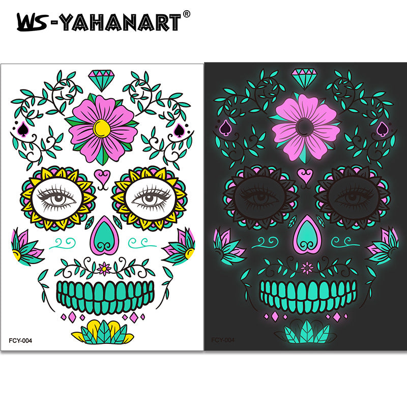 4pcs Halloween Glow Tattoos - UV Reactive Sugar Skull Face Decals