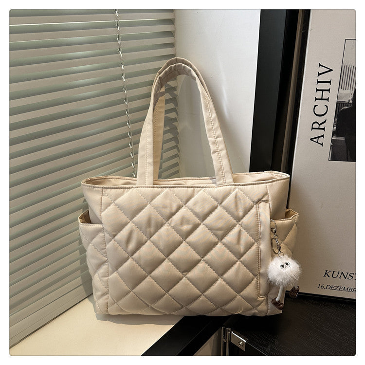 Stylish Quilted Puffer Tote Bag for Women with Doll Ornament