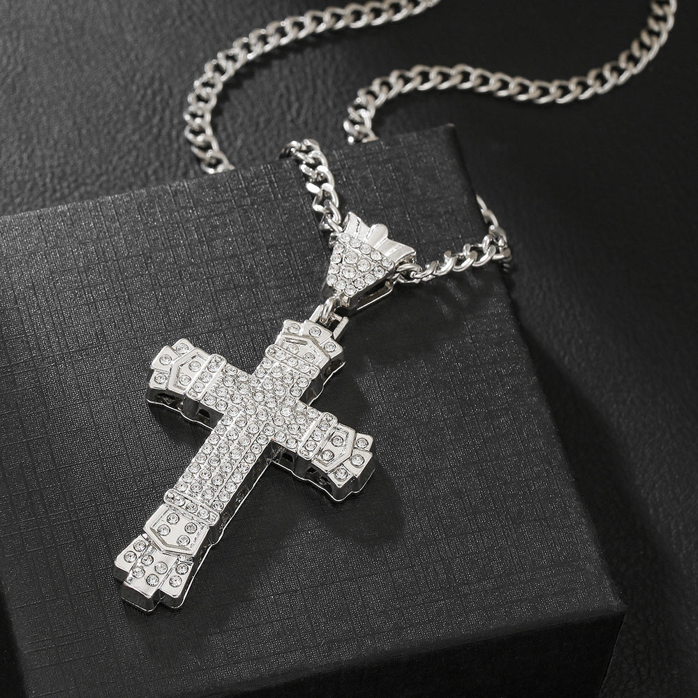 Lucky Wealth-Attracting Cross Necklace Rhinestones Cuban Link Chain Necklace with CZ Cross Pendant