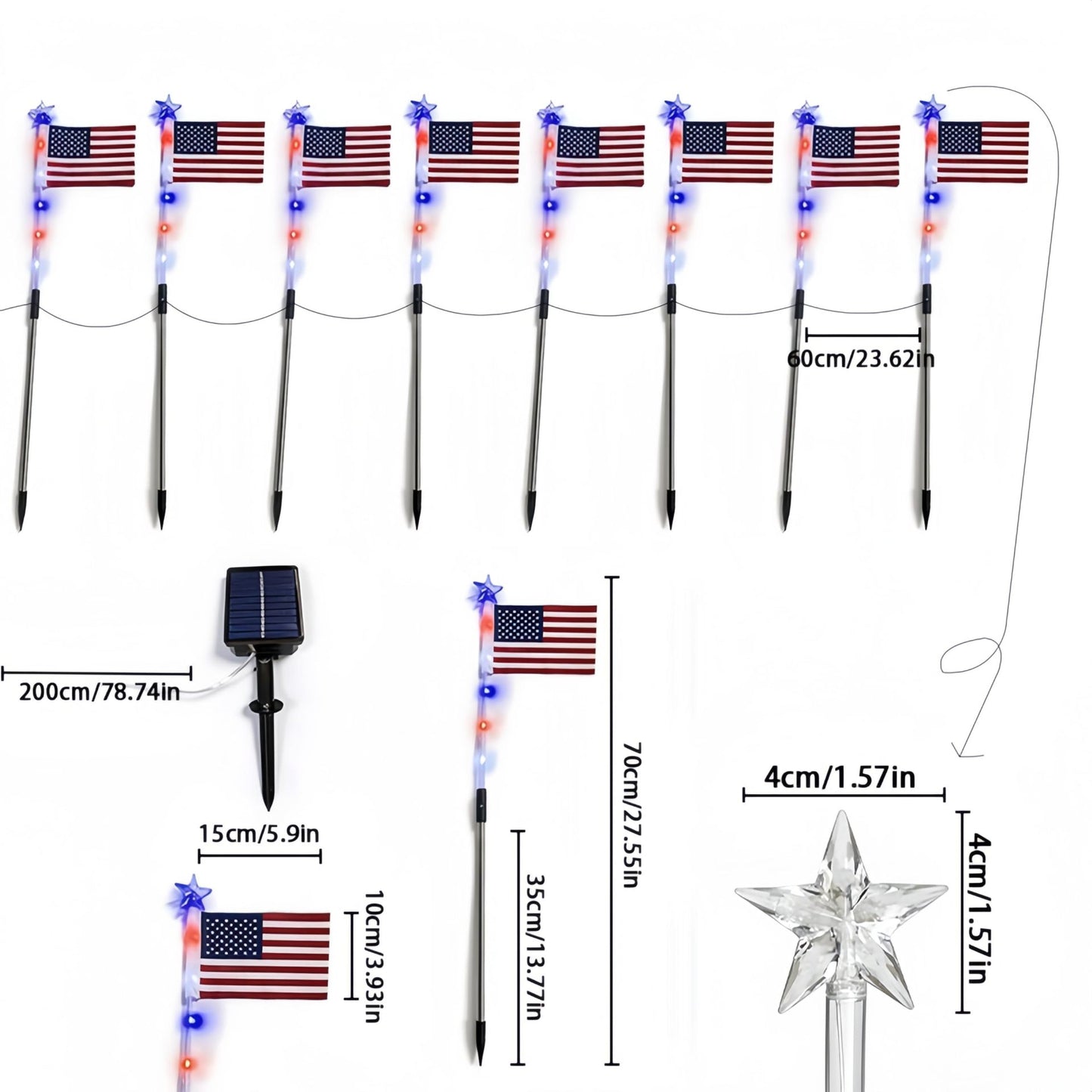 8 Pack Solar American Flag Lights Outdoor, Solar Red White and Blue Star Pathway Stake Lights