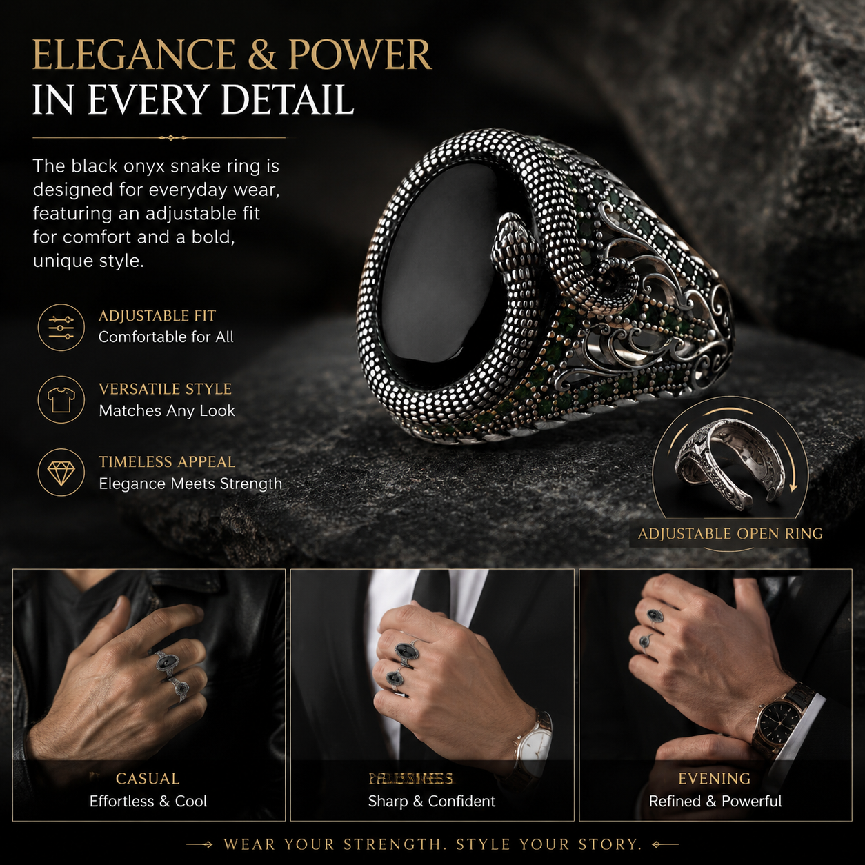 Oval Snake Mens Black Onyx Ring Adjustable
