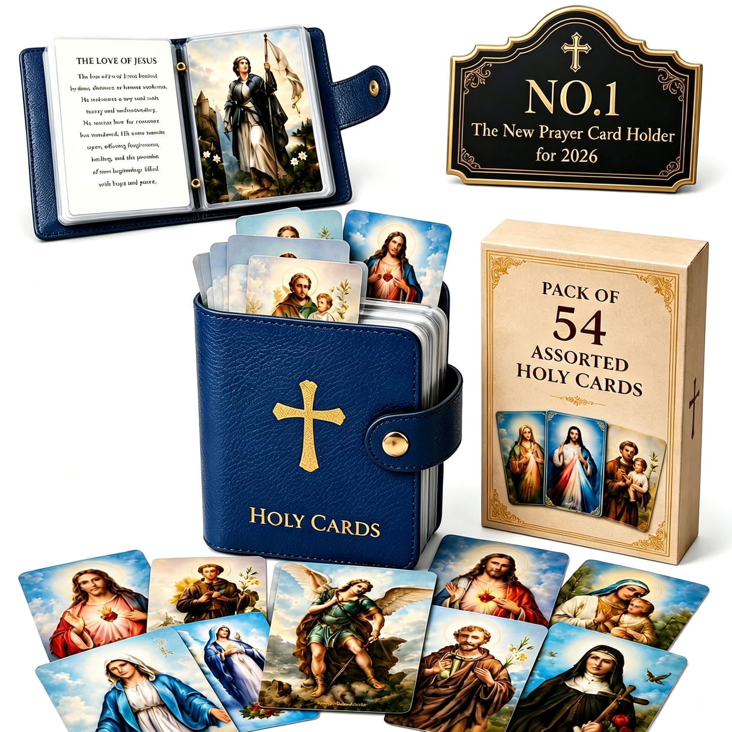 Genuine Leather Holy Card Holder Book with 54 Assorted Catholic Prayer Cards