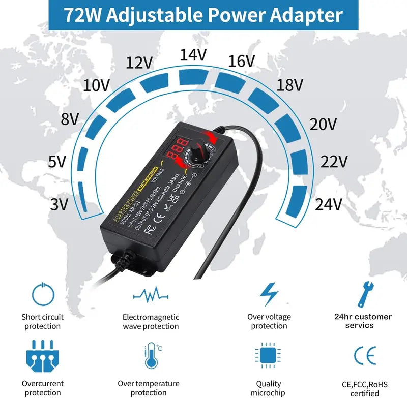 Adjustable Universal Power Supply 3V-24V 3A Max (72W) AC to DC Adapter with 14 Tips & Reverse Polarity Cable