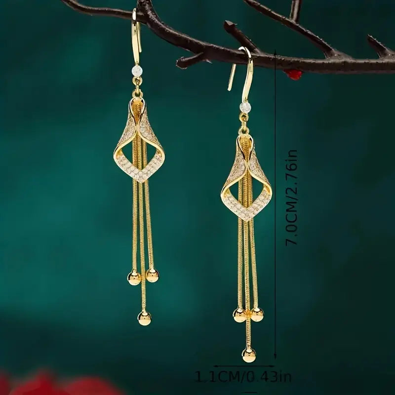 Elegant Rhinestone Tassel Earrings, Zinc Alloy Long Dangle Earrings