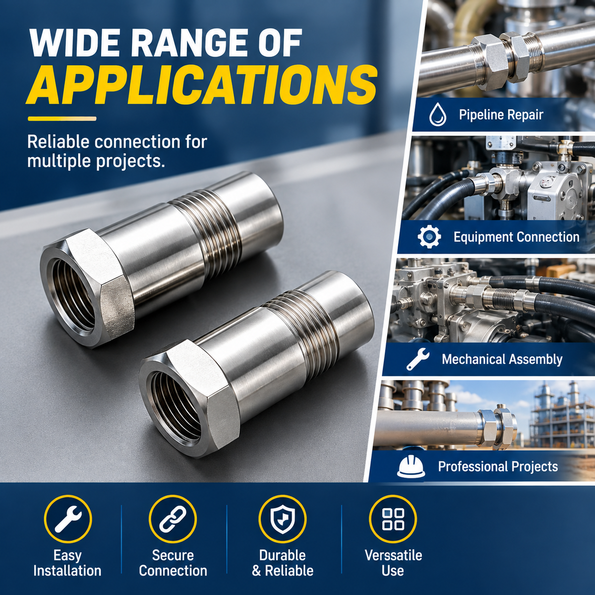 2Pcs Industrial-Grade Stainless Steel Threaded Pipe Connector