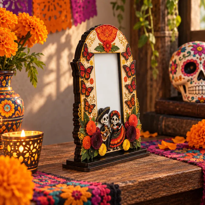 Día de los Muertos Wooden Picture Frame, Mexican Day of the Dead Tabletop Decor