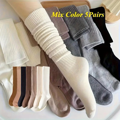 Women's 5-Pairs Thick Cute Slim-Fit Solid Color Calf Boot Socks