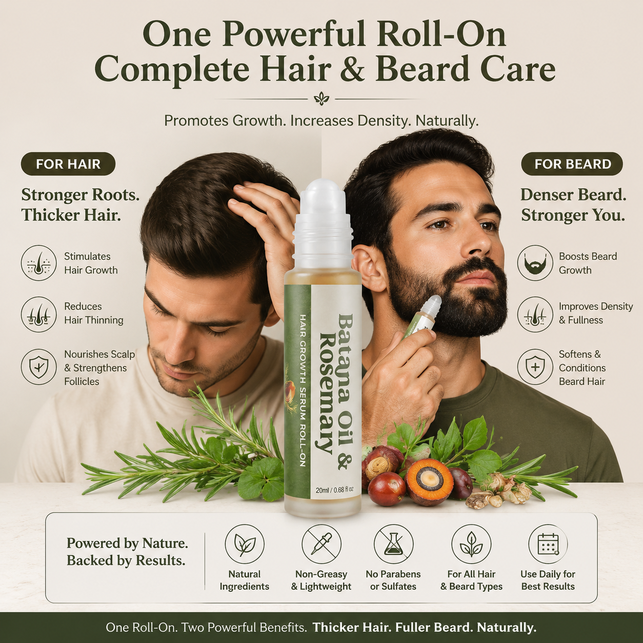 2Pcs Batana Oil & Rosemary Roll-On Hair Growth Serum—Precision Care for The Scalp and Beard