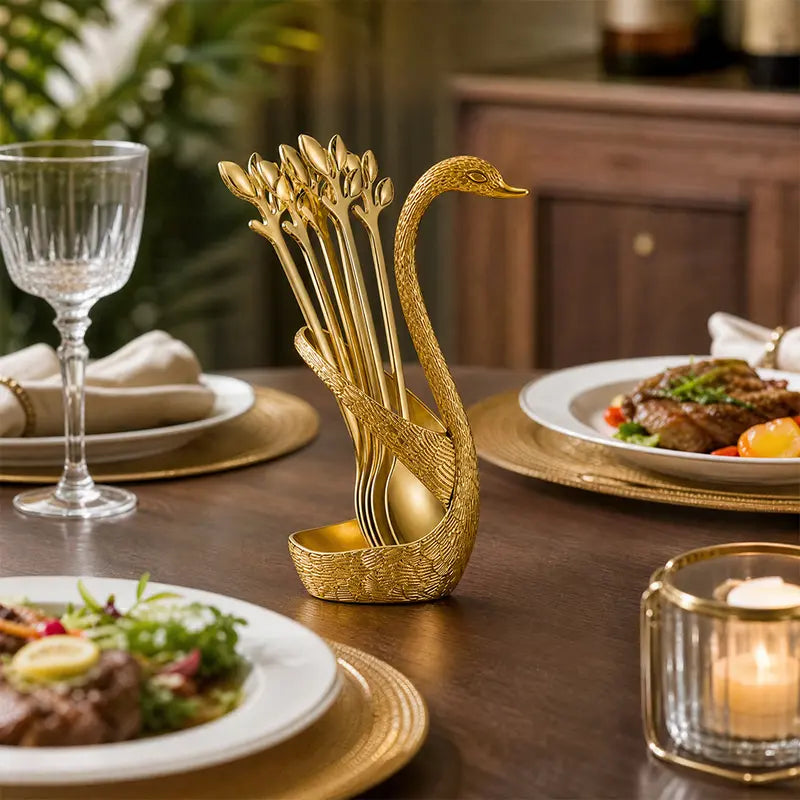 Swan Spoon Holder Set with 6 Small Dessert Spoons