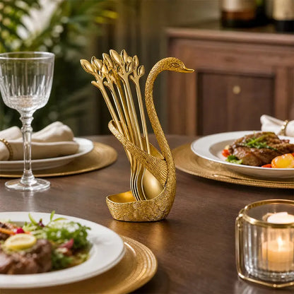 Swan Spoon Holder Set with 6 Small Dessert Spoons