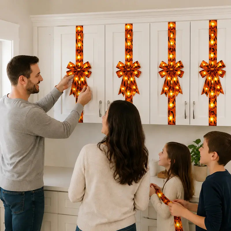 LED Spooky Halloween Cabinet Door Fringe Wreath with Lime Red Large Bow, 79x2.4 Inches