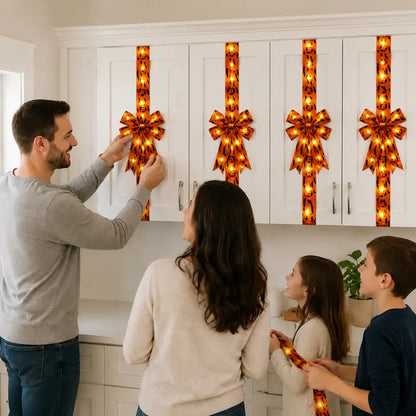 LED Spooky Halloween Cabinet Door Fringe Wreath with Lime Red Large Bow, 79x2.4 Inches