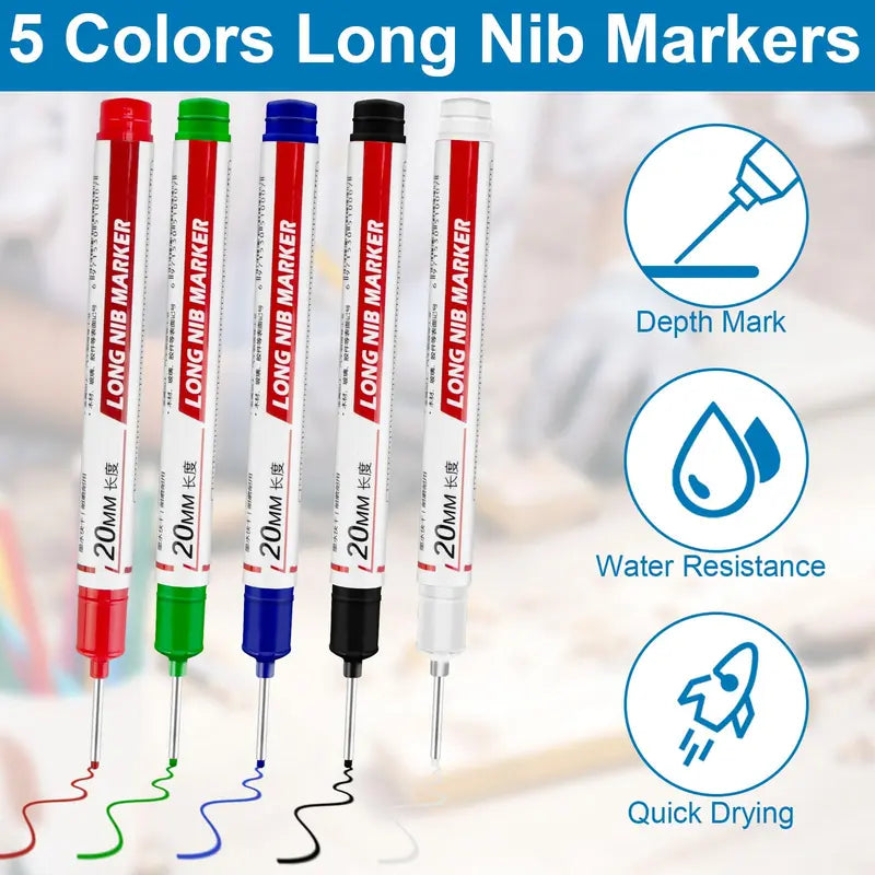 5Color Long Handled Markers with 1.5mm Long Nibs for Deep Hole Marking