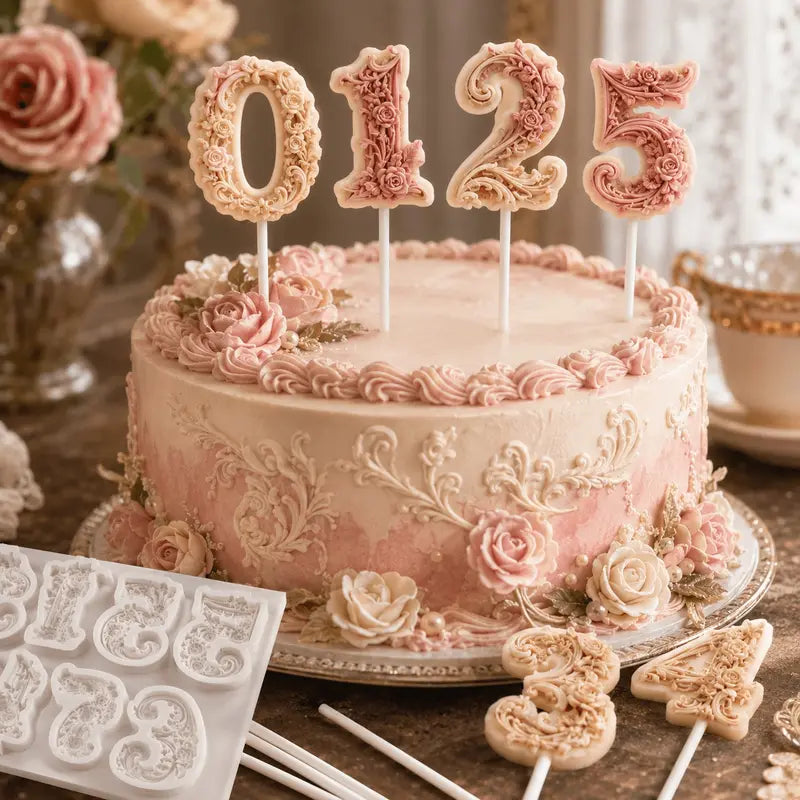 1Set Vintage Rose Floral Number Shape Silicone Mold - Baking Accessories