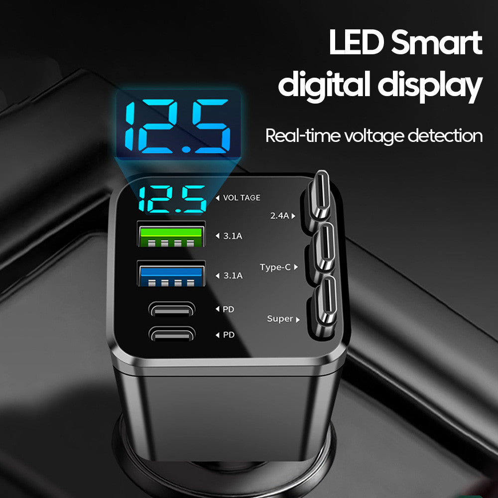 7-in-1 Retractable Car Charger with Digital Display, 4-Port & Triple Built-in Cables