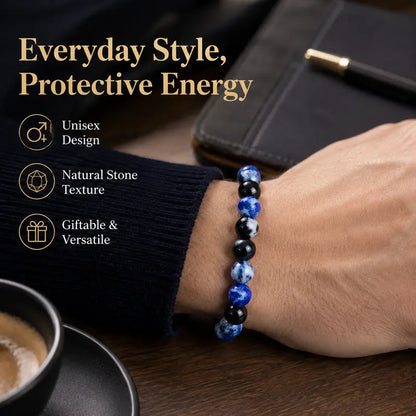 Blue Fire Agate Energy Bracelet, Handmade Marbled Crystal for Clarity & Focus, Stretch Meditation Jewelry