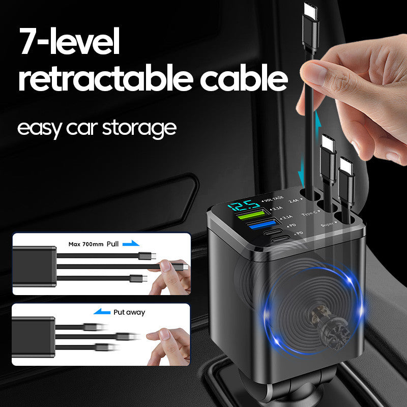 7-in-1 Retractable Car Charger with Digital Display, 4-Port & Triple Built-in Cables