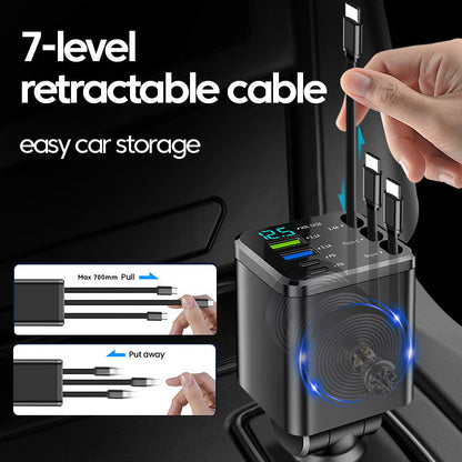 7-in-1 Retractable Car Charger with Digital Display, 4-Port & Triple Built-in Cables