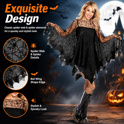 Halloween Poncho for Women, Black Lace Spider Web Cape
