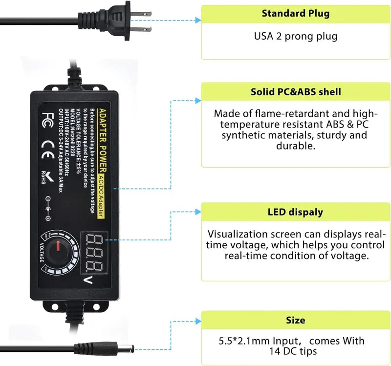 Adjustable Universal Power Supply 3V-24V 3A Max (72W) AC to DC Adapter with 14 Tips & Reverse Polarity Cable
