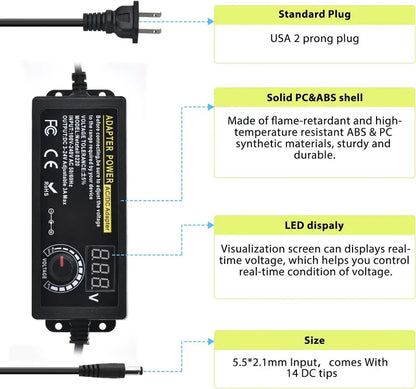 Adjustable Universal Power Supply 3V-24V 3A Max (72W) AC to DC Adapter with 14 Tips & Reverse Polarity Cable