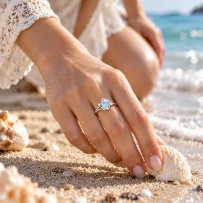 Women's Geometric Ring with Moonstone and Zircon