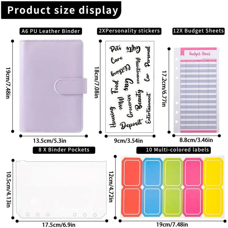 A6 Budget Binder Set 12pcs Budget Sheets & 8 Counts Binder Pockets & 10pcs Multi-colored Labels