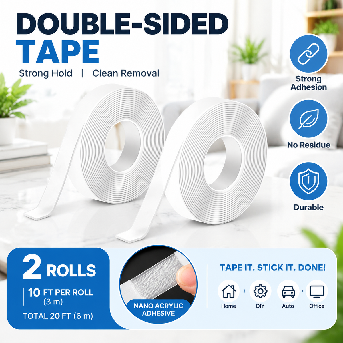 2Pcs Double Sided Tape Heavy Duty, Multipurpose Removable Mounting Tape Adhesive Grip(9.85FT)